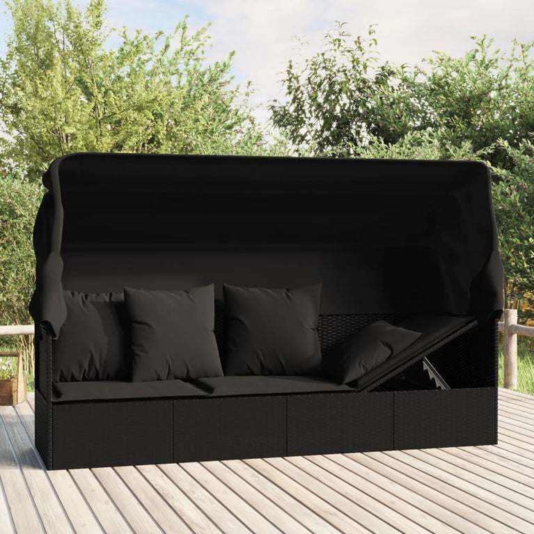 Loungebed met luifel en kussens poly rattan zwart MeubelReus