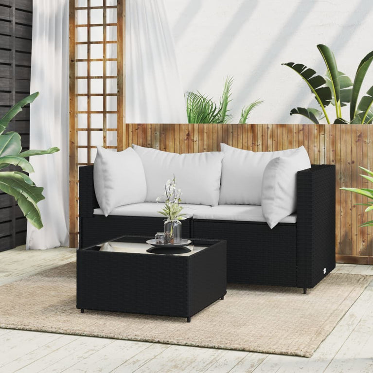 3-delige Loungeset met kussens poly rattan zwart MeubelReus