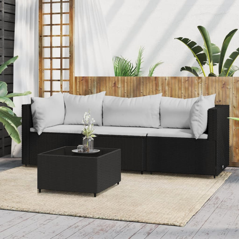 4-delige Loungeset met kussens poly rattan zwart MeubelReus