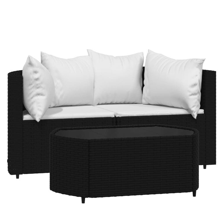3-delige Loungeset met kussens poly rattan zwart MeubelReus