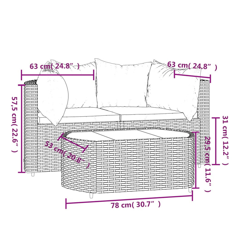 3-delige Loungeset met kussens poly rattan zwart MeubelReus