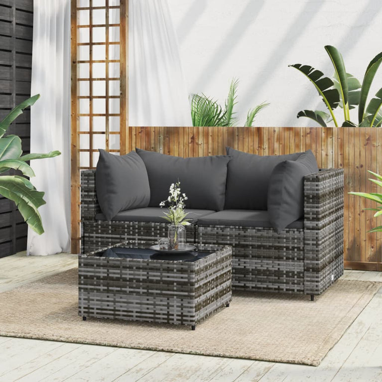3-delige Loungeset met kussens poly rattan grijs MeubelReus
