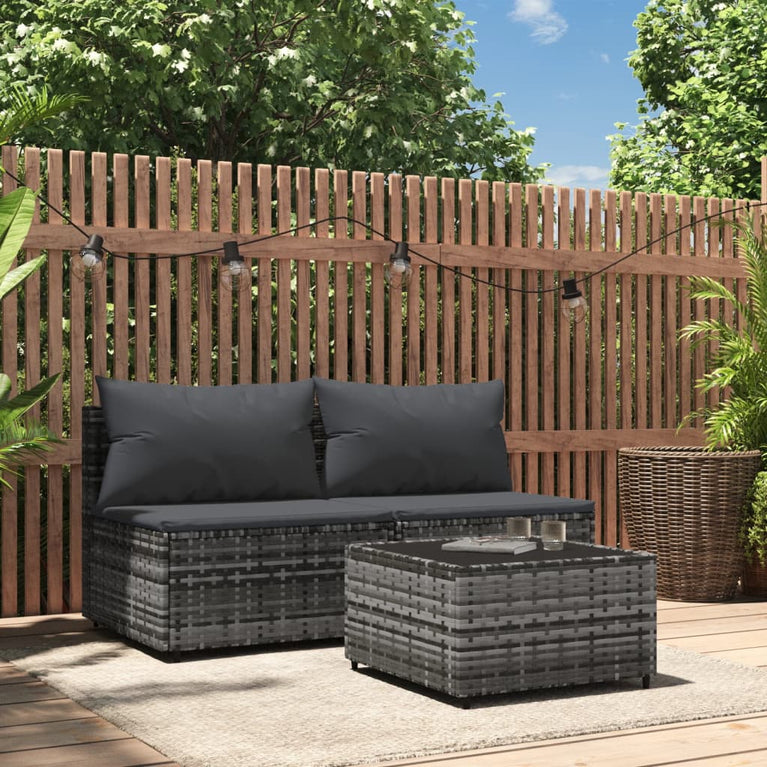 3-delige Loungeset met kussens poly rattan grijs MeubelReus
