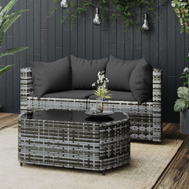 3-delige Loungeset met kussens poly rattan grijs MeubelReus