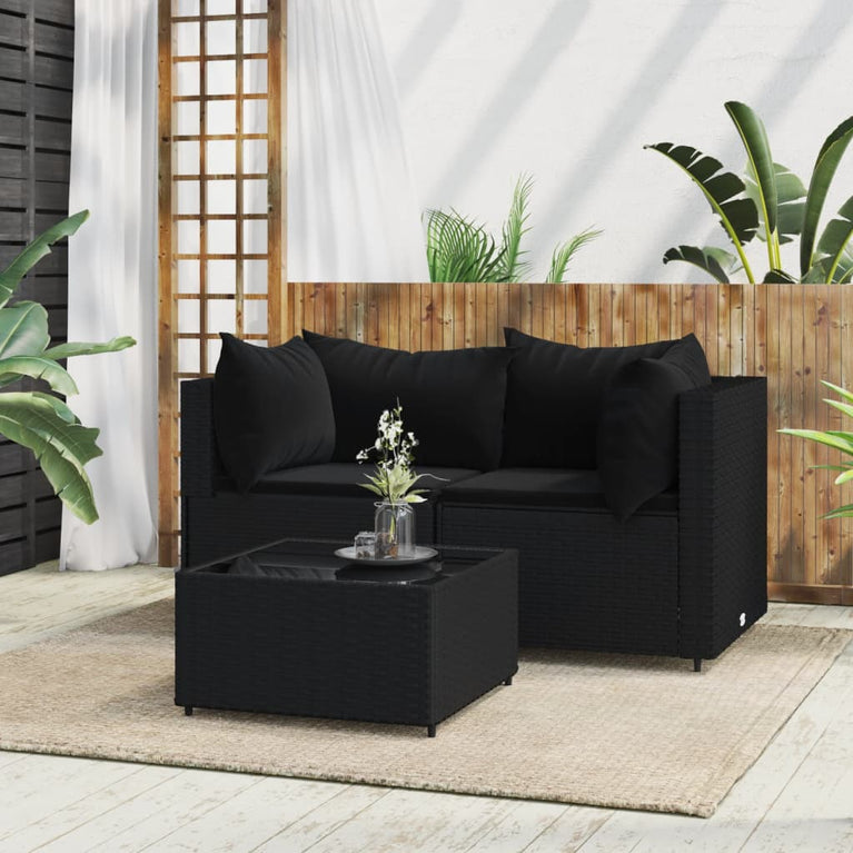 3-delige Loungeset met kussens poly rattan zwart MeubelReus