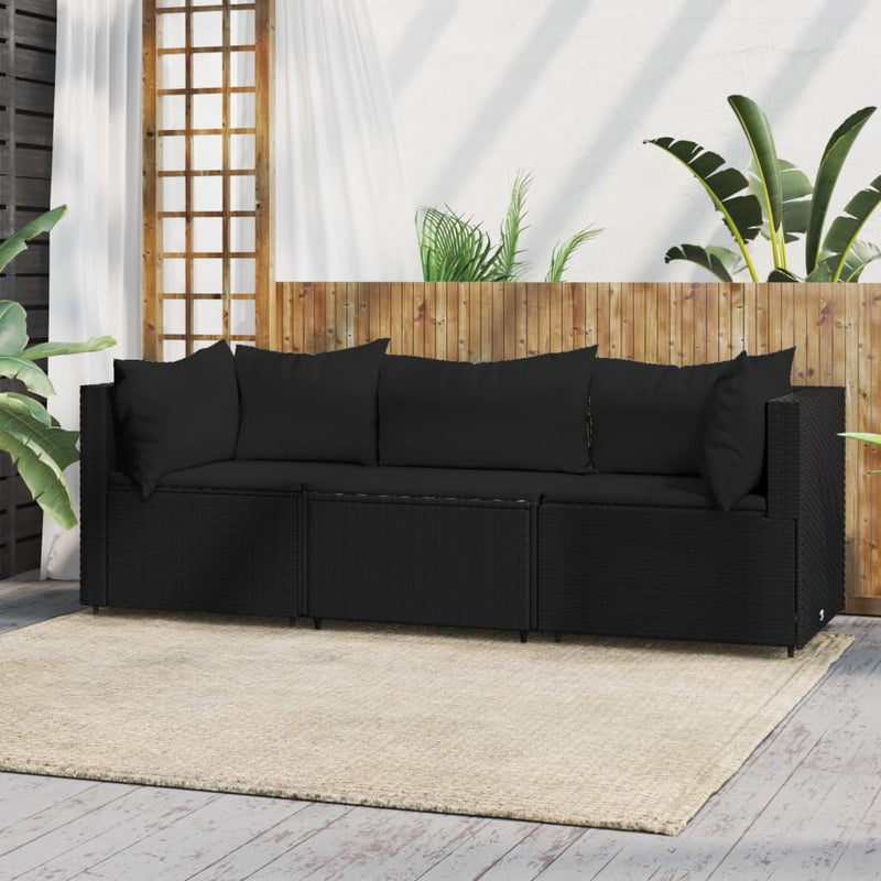 3-delige Loungeset met kussens poly rattan zwart MeubelReus