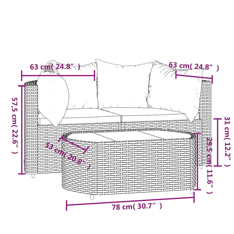3-delige Loungeset met kussens poly rattan zwart MeubelReus