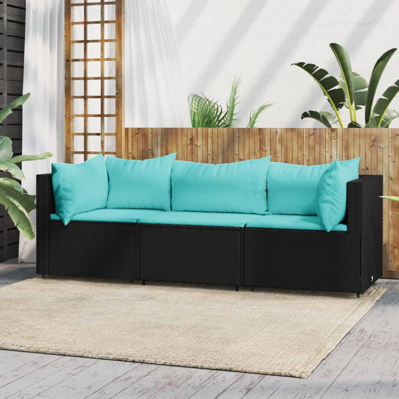 3-delige Loungeset met kussens poly rattan zwart MeubelReus