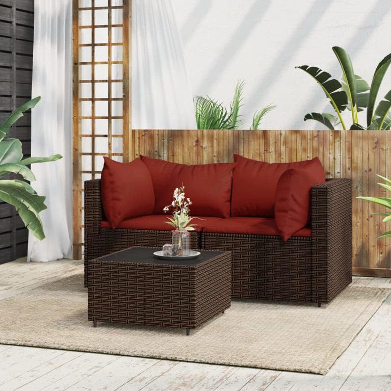 3-delige Loungeset met kussens poly rattan bruin MeubelReus