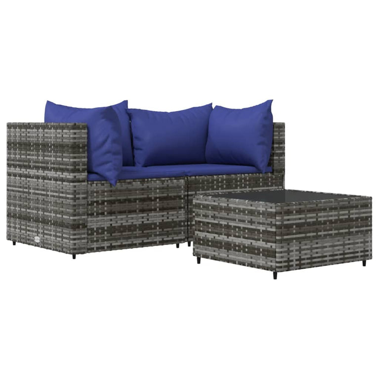 3-delige Loungeset met kussens poly rattan grijs MeubelReus