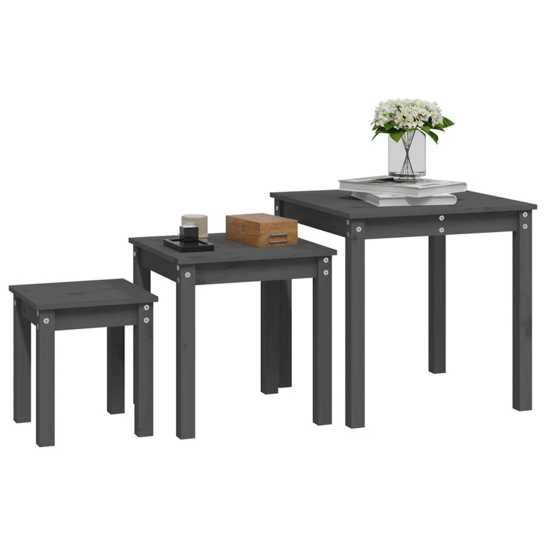 Tafeltjesset 3 st massief grenenhout grijs MeubelReus