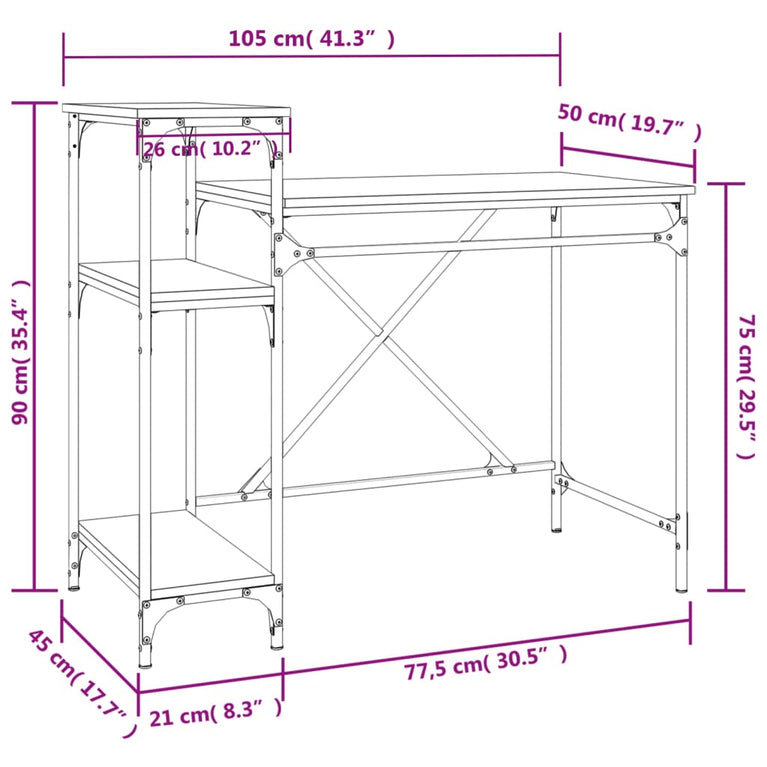 Bureau met schappen 105x50x90 bewerkt hout en ijzer bruineiken MeubelReus