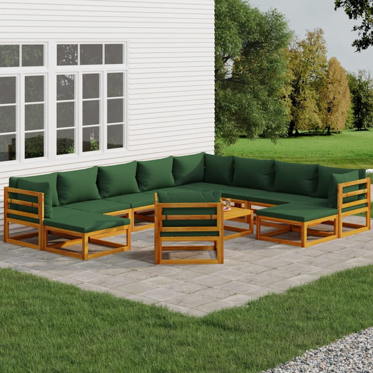 12-delige Loungeset met groene kussens massief hout