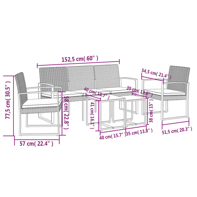 5-delige Tuinset met kussens polypropeen rattan zwart MeubelReus