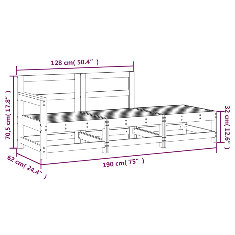 3-delige Loungeset massief grenenhout zwart