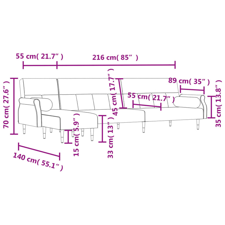 Slaapbank L-vormig 271x140x70 cm fluweel zwart