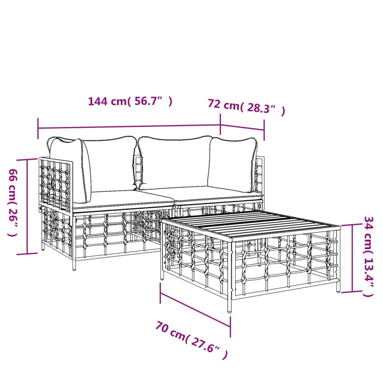 3-delige Loungeset met kussens poly rattan antracietkleurig MeubelReus