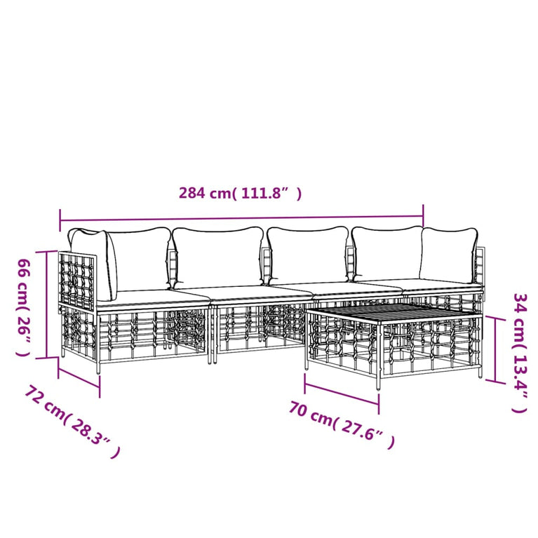 5-delige Loungeset met kussens poly rattan antracietkleurig MeubelReus