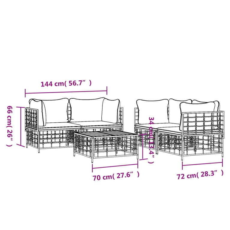 5-delige Loungeset met kussens poly rattan antracietkleurig MeubelReus