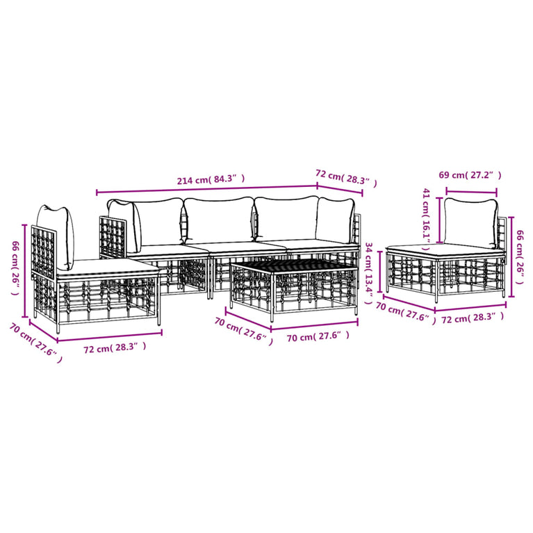 6-delige Loungeset met kussens poly rattan antracietkleurig MeubelReus