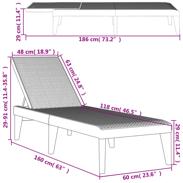 Ligbed 186x60x29 cm polypropeen antracietkleurig