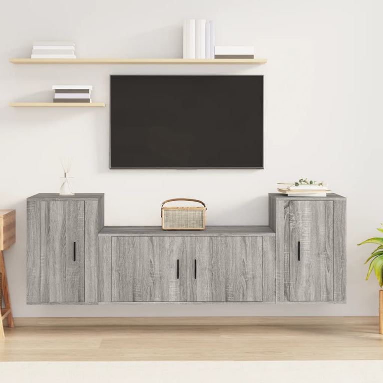 3-delige Tv-meubelset bewerkt hout grijs sonoma eikenkleurig MeubelReus