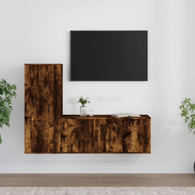 2-delige Tv-meubelset bewerkt hout gerookt eikenkleurig MeubelReus
