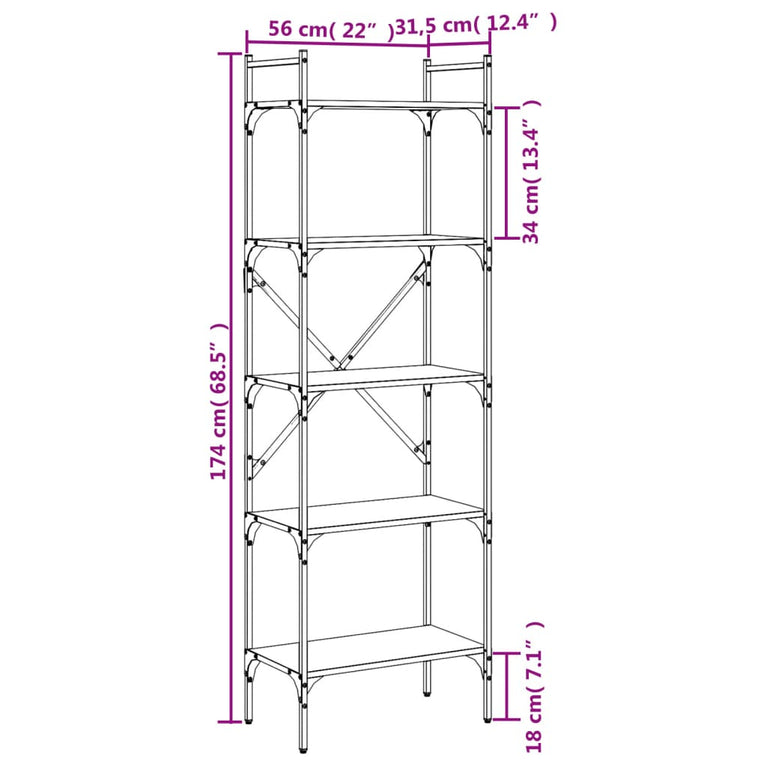 Boekenkast 5-laags 56x31,5x174 cm bewerkt hout zwart MeubelReus