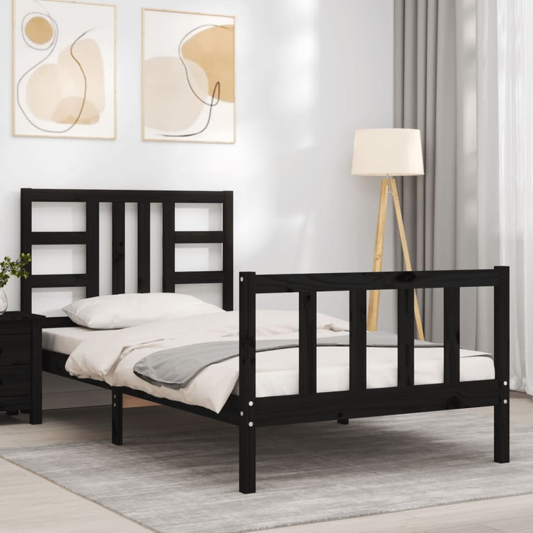 Bedframe met hoofdeinde massief hout zwart 90x190 cm