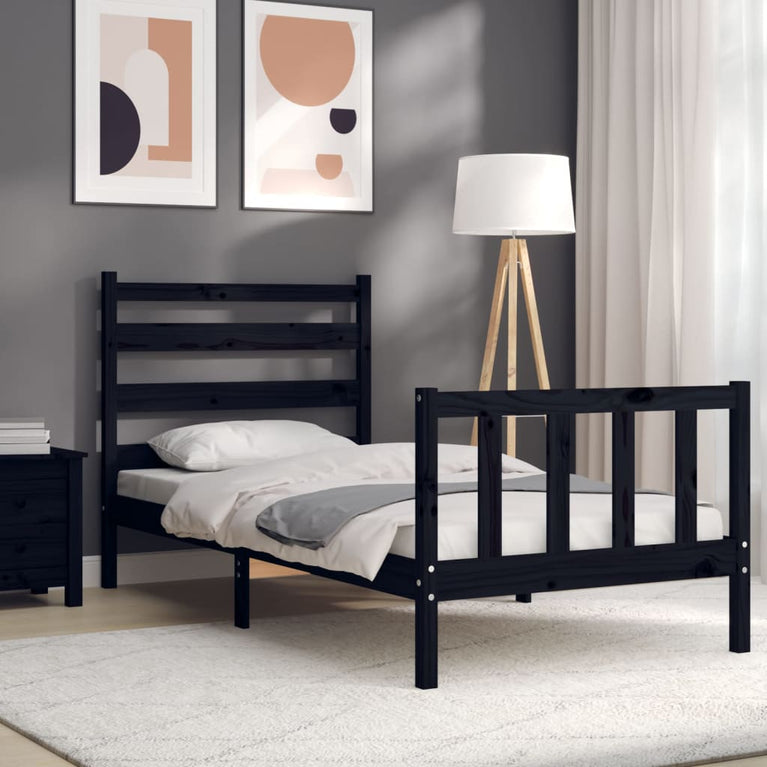 Bedframe met hoofdeinde massief hout zwart 90x190 cm