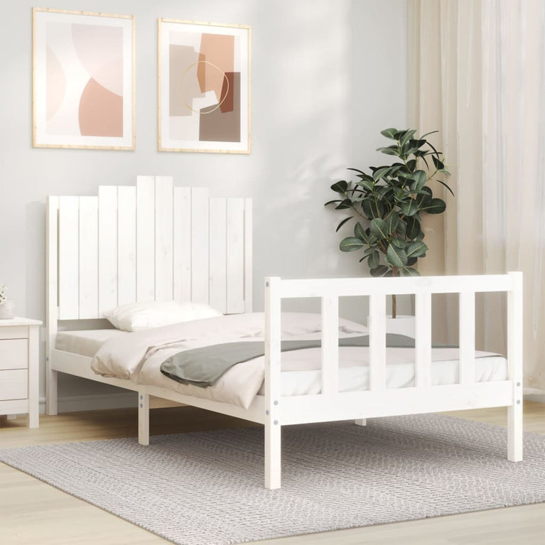 Bedframe met hoofdbord massief hout wit 100x200 cm