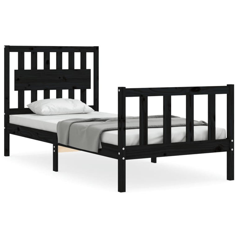 Bedframe met hoofdbord massief hout zwart 3FT Single