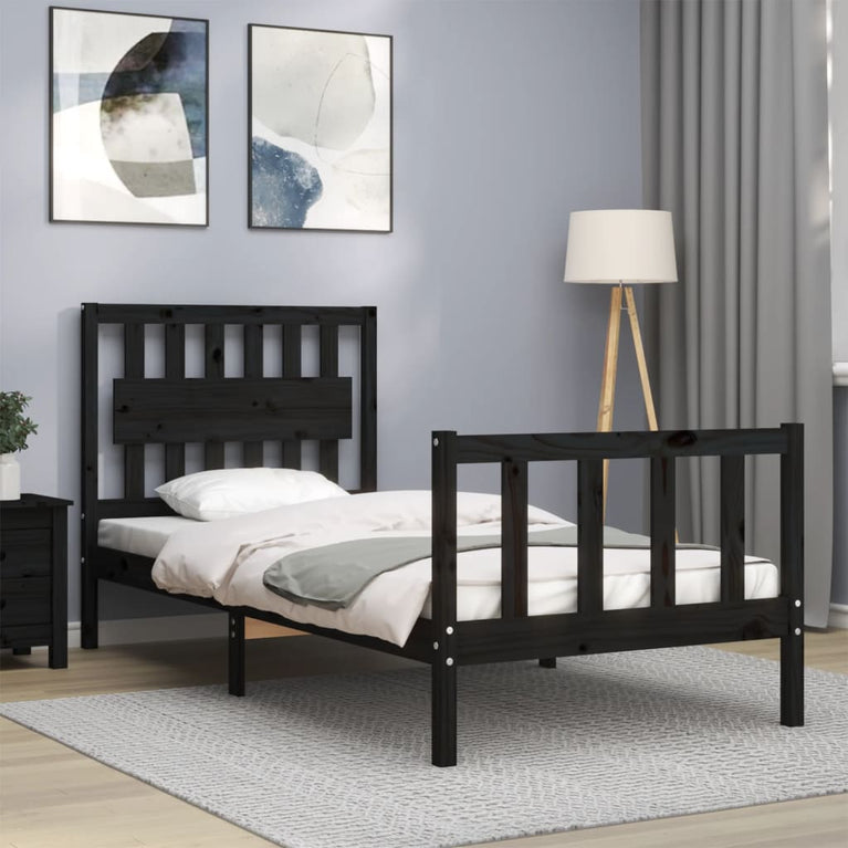 Bedframe met hoofdbord massief hout zwart 3FT Single