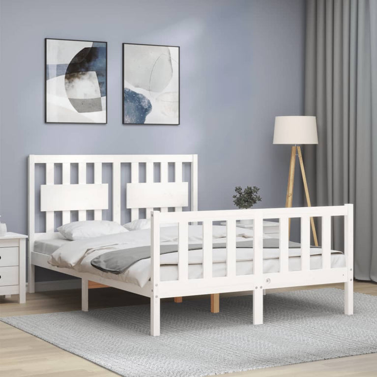 Bedframe met hoofdbord massief hout wit 140x200 cm