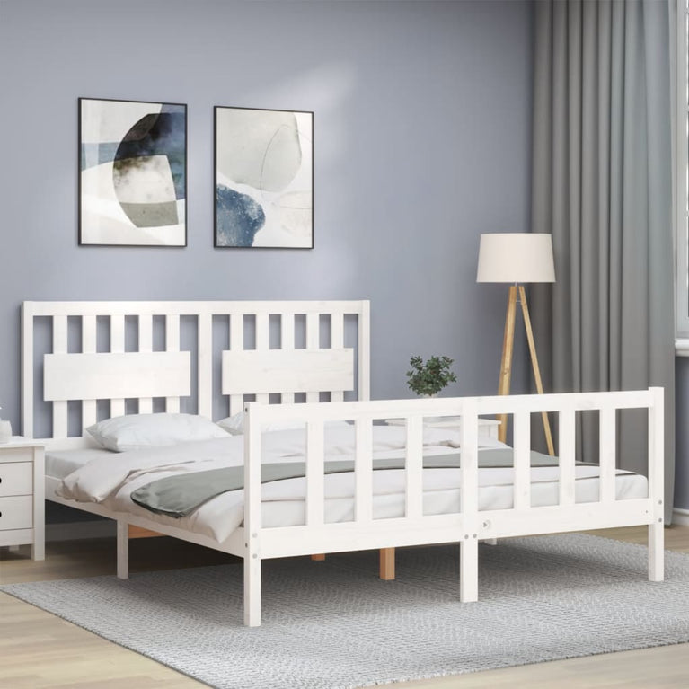 Bedframe met hoofdbord massief hout wit 5 FT King Size