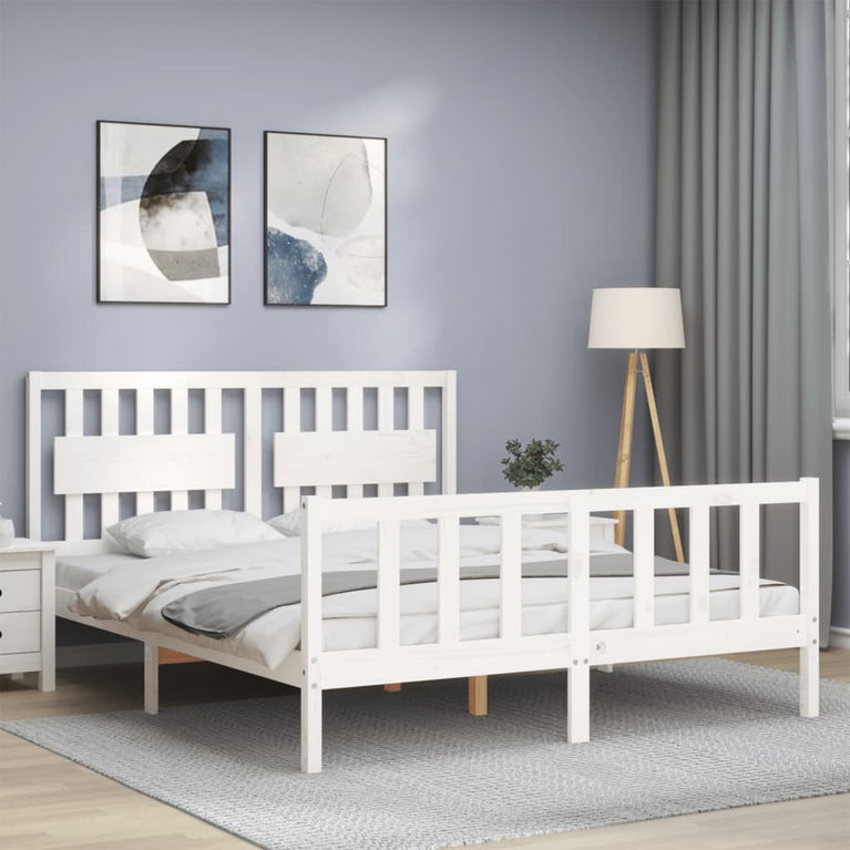 Bedframe met hoofdbord massief hout wit 160x200 cm
