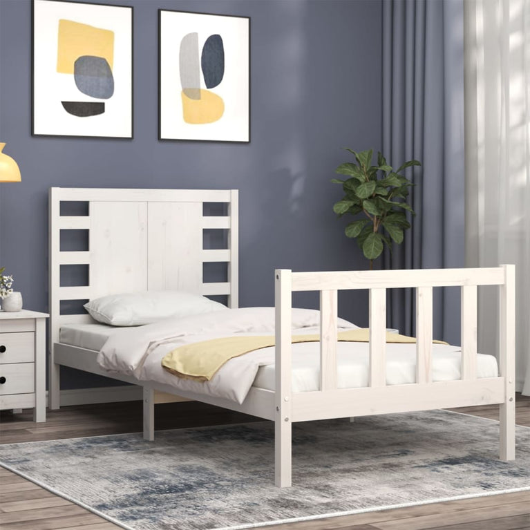 Bedframe met hoofdbord massief hout wit 90x200 cm
