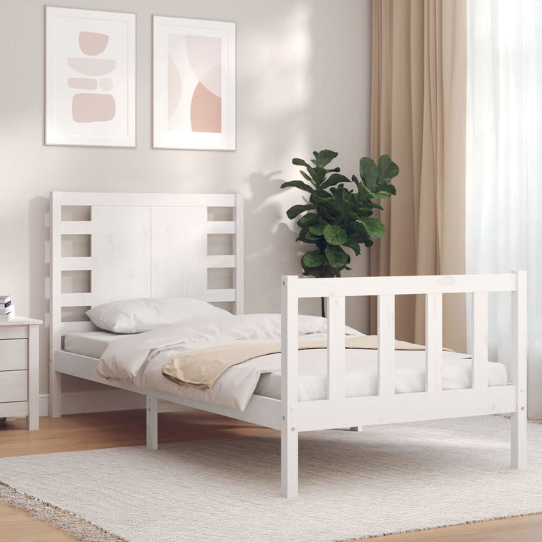 Bedframe met hoofdbord massief hout wit 90x200 cm