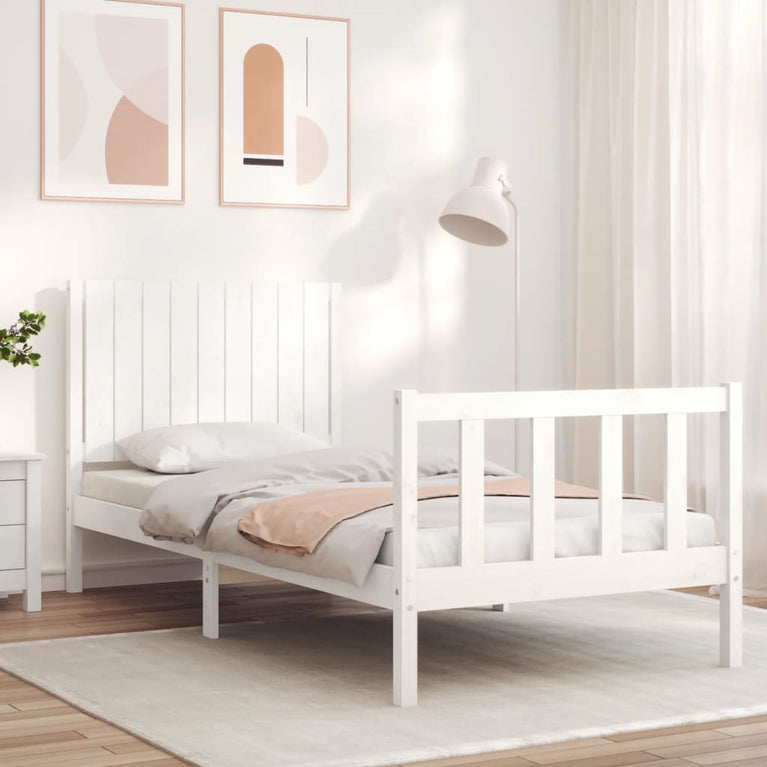 Bedframe met hoofdbord massief hout wit 90x200 cm