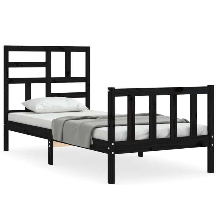 Bedframe met hoofdbord massief hout zwart 3FT Single
