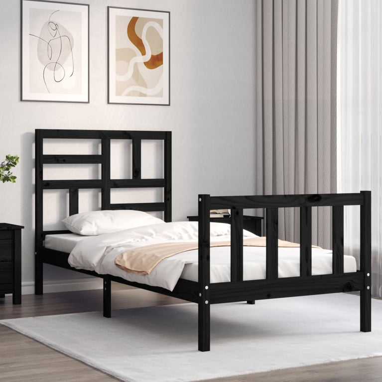 Bedframe met hoofdbord massief hout zwart 3FT Single