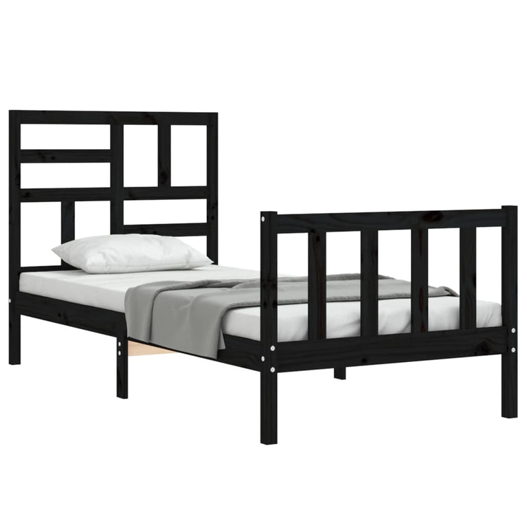 Bedframe met hoofdbord massief hout zwart 3FT Single