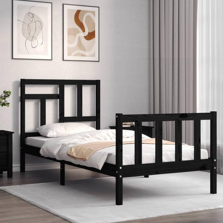 Bedframe met hoofdbord massief hout zwart 3FT Single