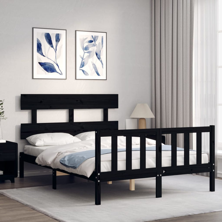 Bedframe met hoofdbord massief hout zwart 4FT6 Double