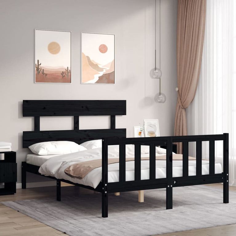Bedframe met hoofdbord massief hout zwart 4FT6 Double