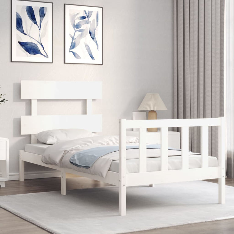 Bedframe met hoofdbord massief hout wit 90x200 cm