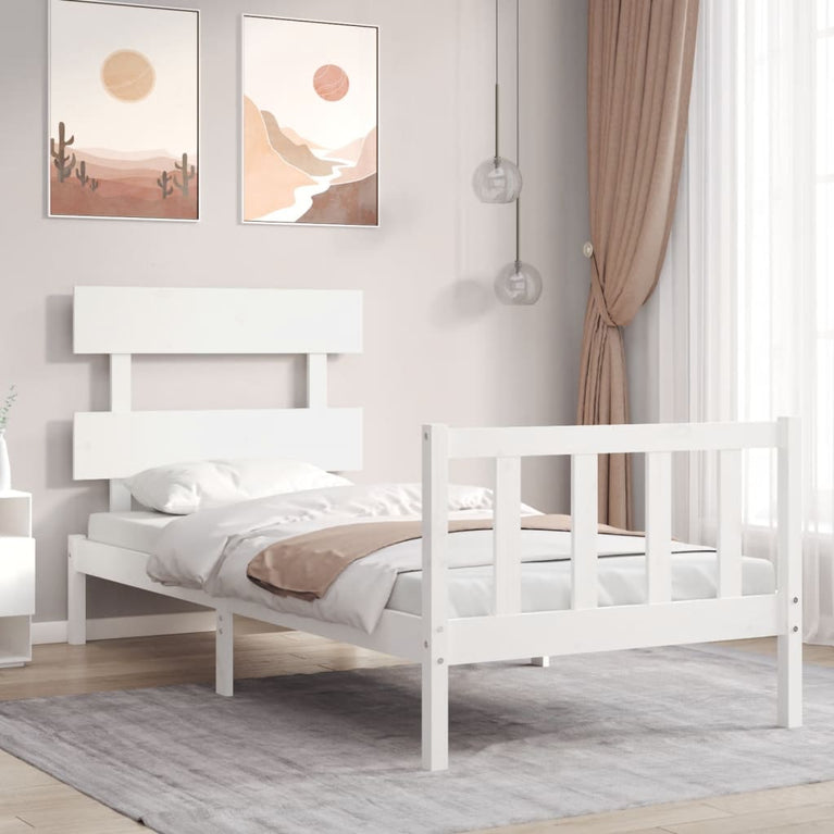 Bedframe met hoofdbord massief hout wit 90x200 cm