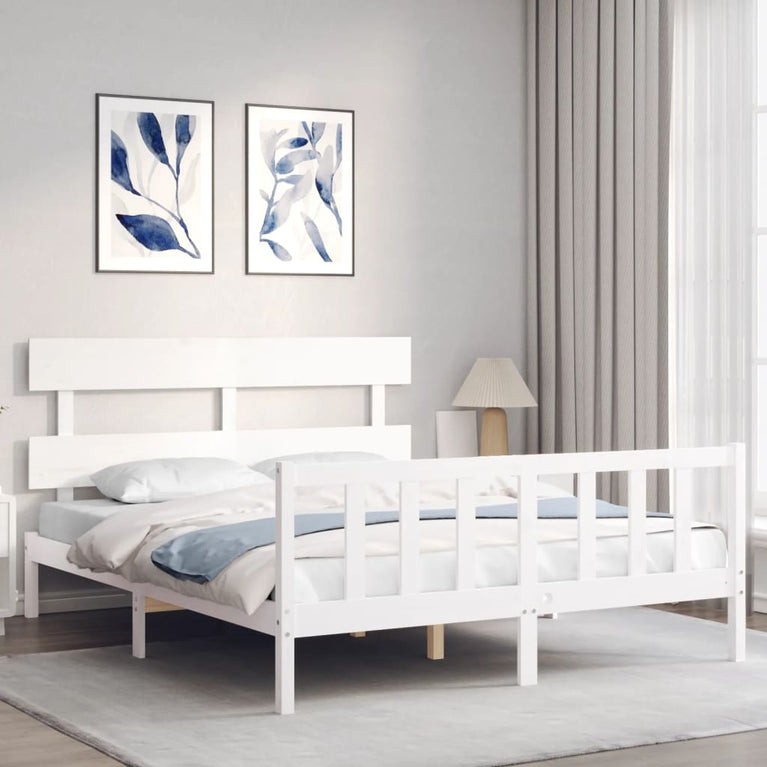 Bedframe met hoofdbord massief hout wit 5 FT King Size