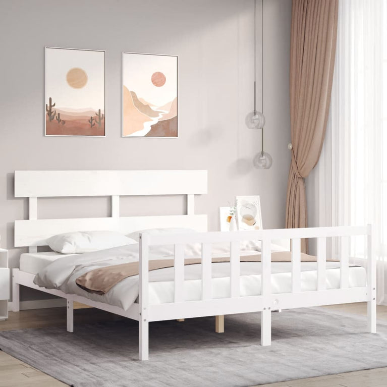 Bedframe met hoofdbord massief hout wit 5 FT King Size