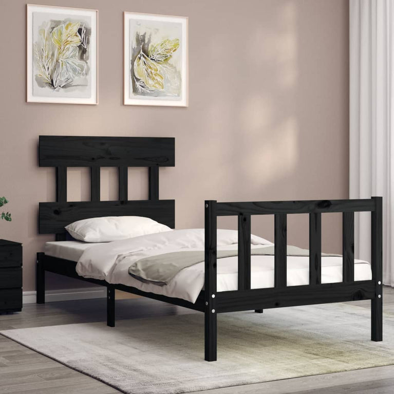 Bedframe met hoofdbord massief hout zwart 3FT Single